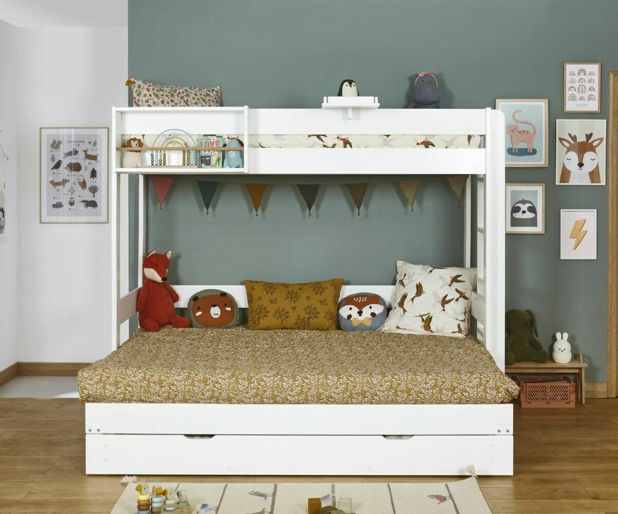 Lit superposé gigogne enfant 3 places avec matelas Hikari Blanc 80x200 cm/Opt:Matelas Norway 13 cm