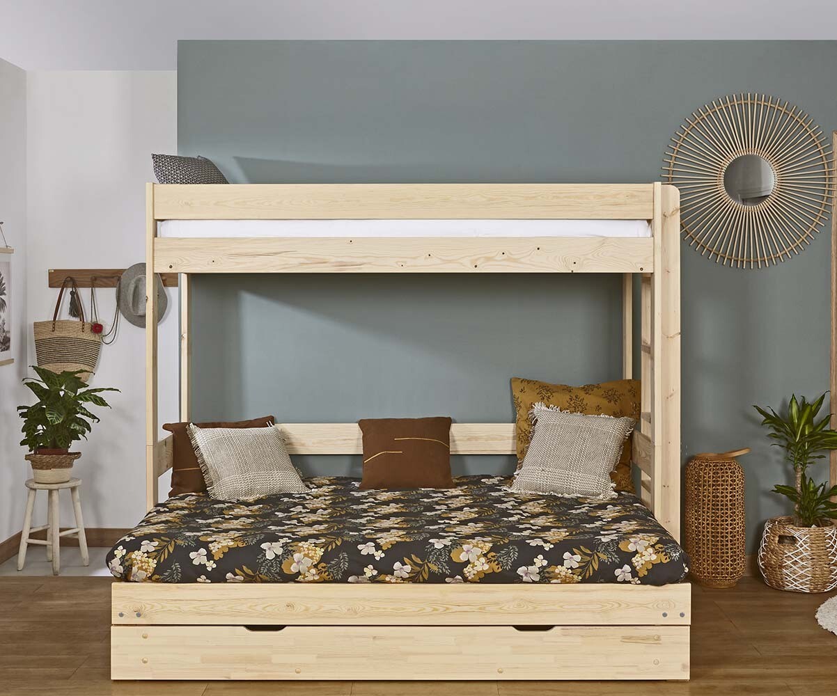 Lit superposé gigogne ado 3 places avec matelas Hikari Bois naturel 80x200 cm/Opt:Matelas Airfresh 15 cm