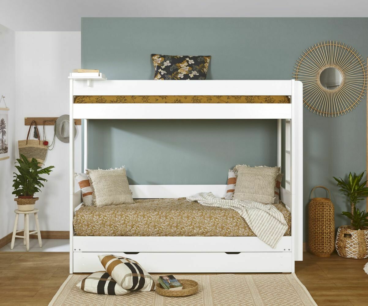 Lit superposé gigogne ado 3 places avec matelas Hikari Blanc 80x200 cm/Opt:Matelas Norway 13 cm