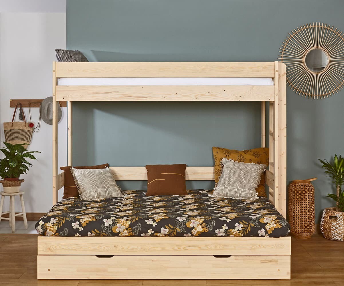 Lit superposé gigogne adulte 3 places avec matelas Hikari Bois naturel 80x200 cm/Opt:Matelas Airfresh 15 cm