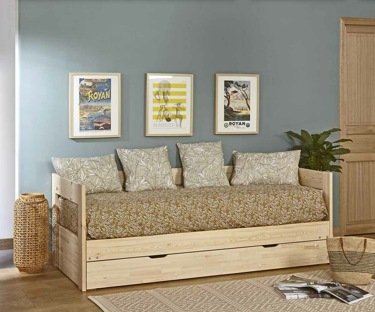 Lit gigogne enfant avec tiroir et matelas Hikari Bois naturel 80x200 cm/Opt:2 couchages