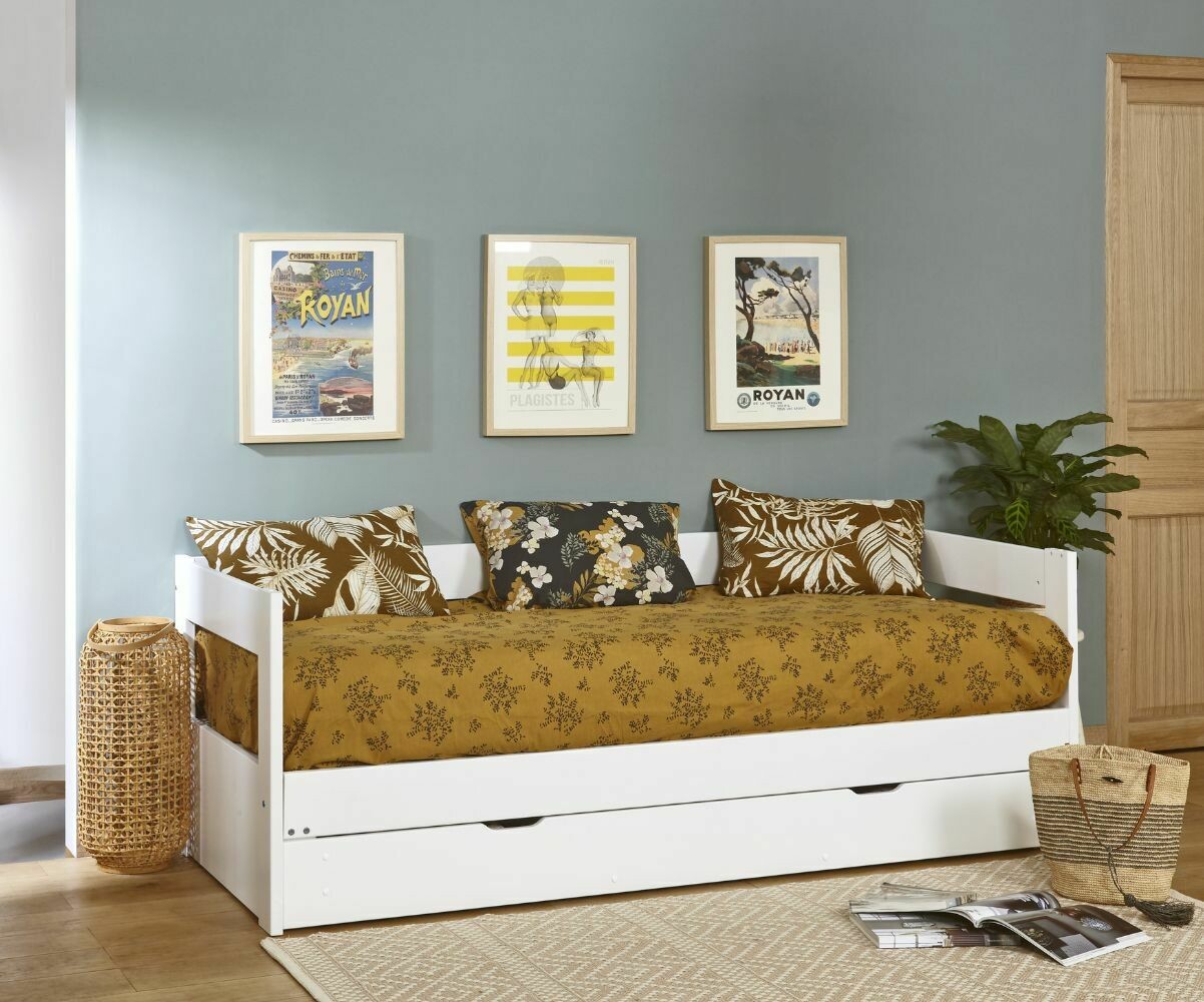 Lit gigogne adulte avec tiroir et matelas Hikari Blanc 80x200 cm/Opt:2 couchages