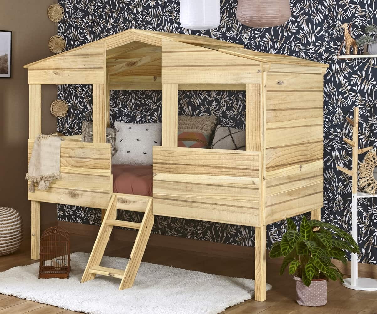 Lit cabane mi-hauteur avec matelas Ahina Bois naturel 90x200 cm/Opt:Matelas Norway 13 cm