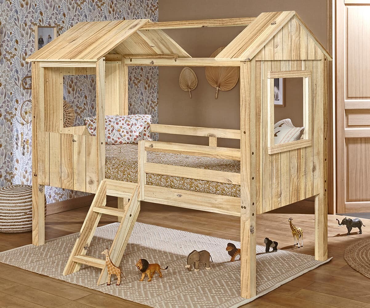 Lit cabane mi-hauteur avec matelas Jipi Bois naturel 90x190 cm/Opt:Matelas Airfresh 15 cm