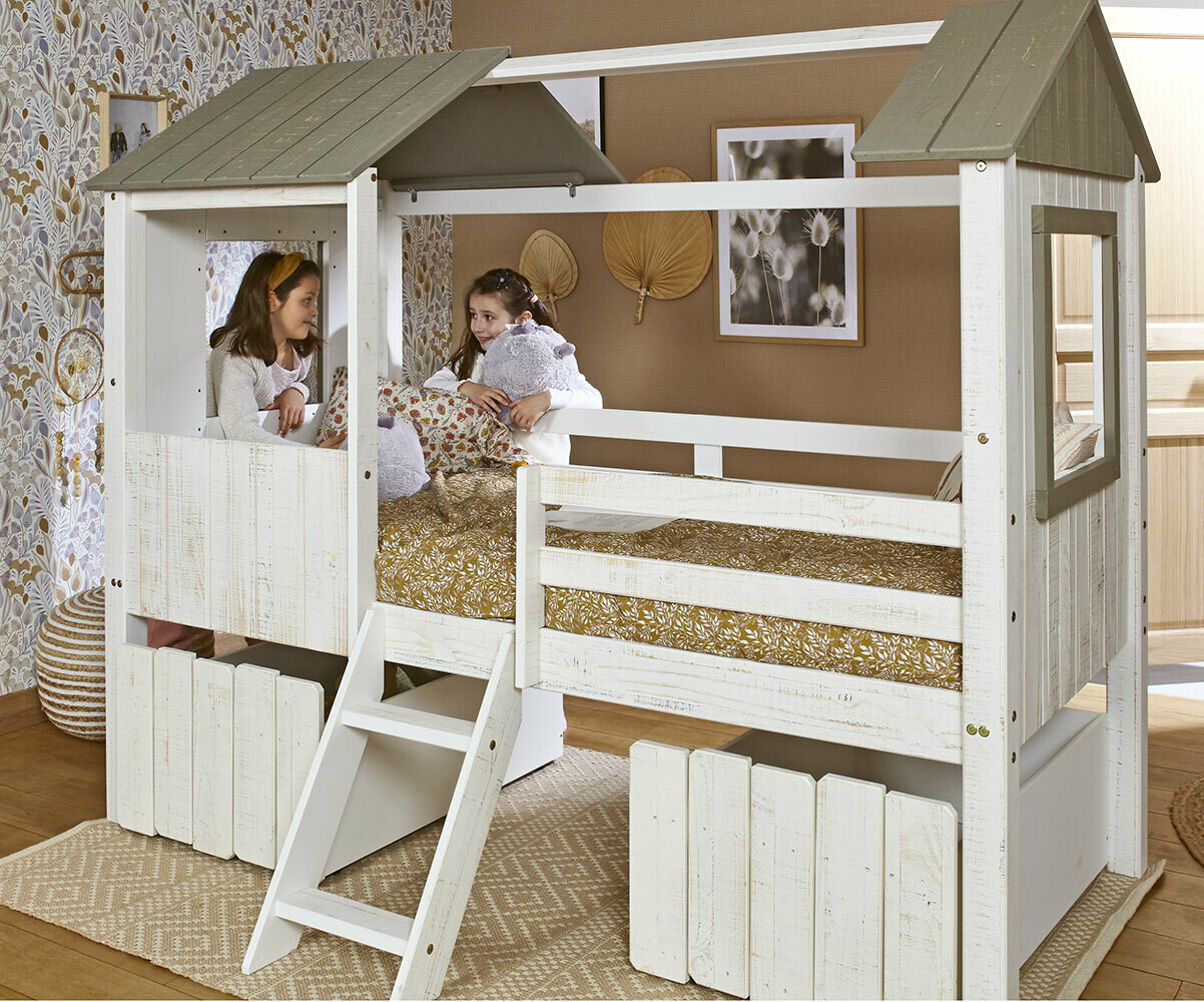 Lit cabane mi-hauteur avec matelas Jipi Blanc et gris clair 90x190 cm/Opt:Matelas Norway 13 cm
