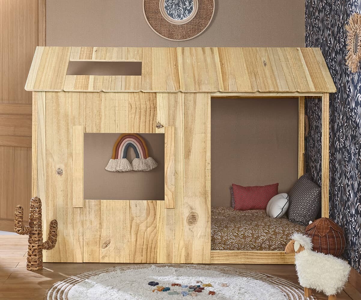 Lit cabane montessori avec matelas Iony Bois naturel 90x190 cm/Opt:Matelas Norway 13 cm
