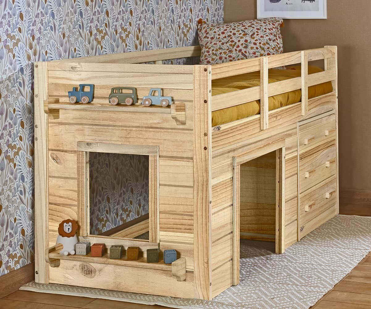 Lit mi-hauteur enfant avec rangement et matelas Mitia Bois naturel 90x190 cm/Opt:Matelas Norway 13 cm
