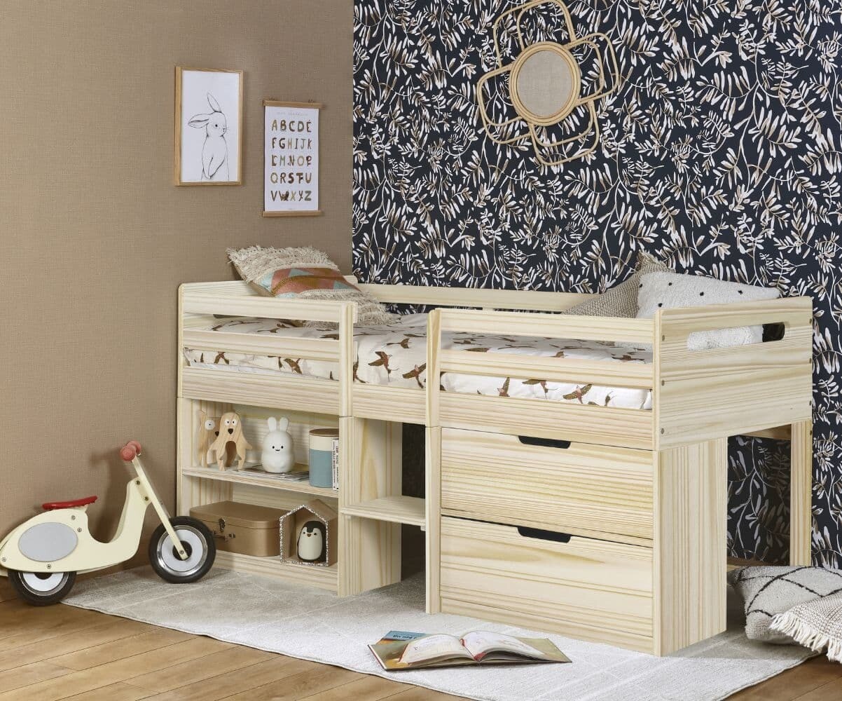 Lit mi-hauteur enfant avec rangement Owaki Bois naturel 90x190 cm