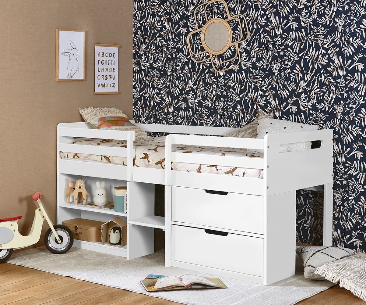 Lit mi-hauteur enfant avec rangement Owaki Blanc 90x190 cm