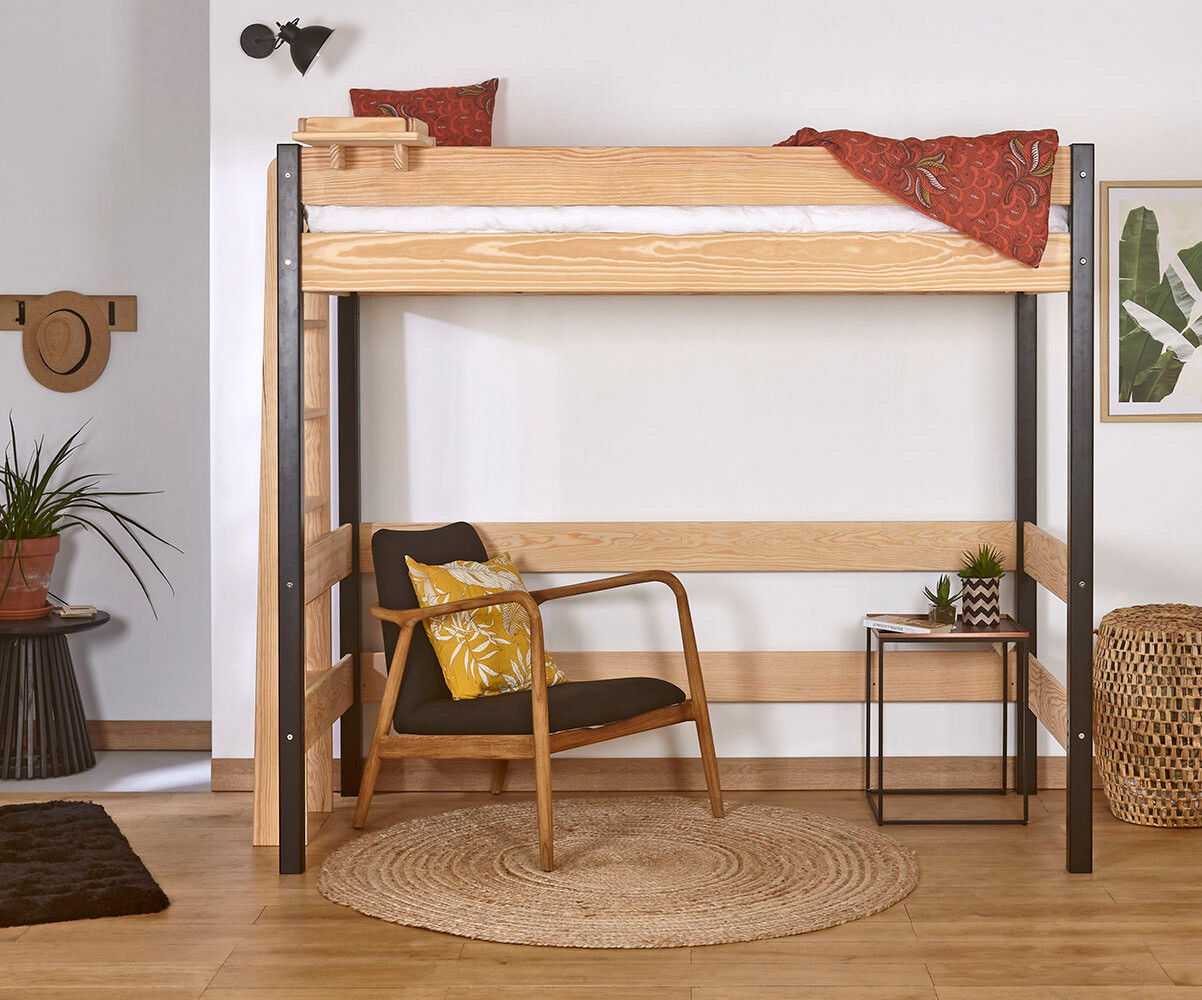 PROMO ! Lit mezzanine enfant Caly Noir et bois 90x190 cm
