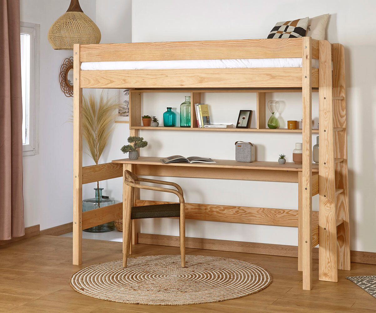 Lit mezzanine ado Caly Bois naturel 90x190 cm