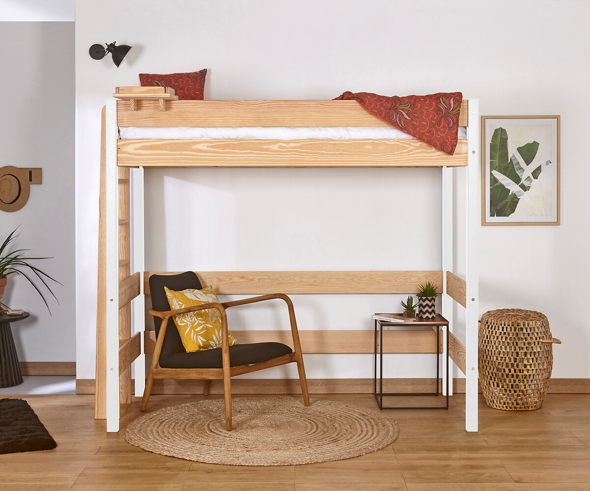 Lit mezzanine enfant avec matelas Caly Bois et blanc 90x190 cm/Opt:Matelas Airfresh 15 cm