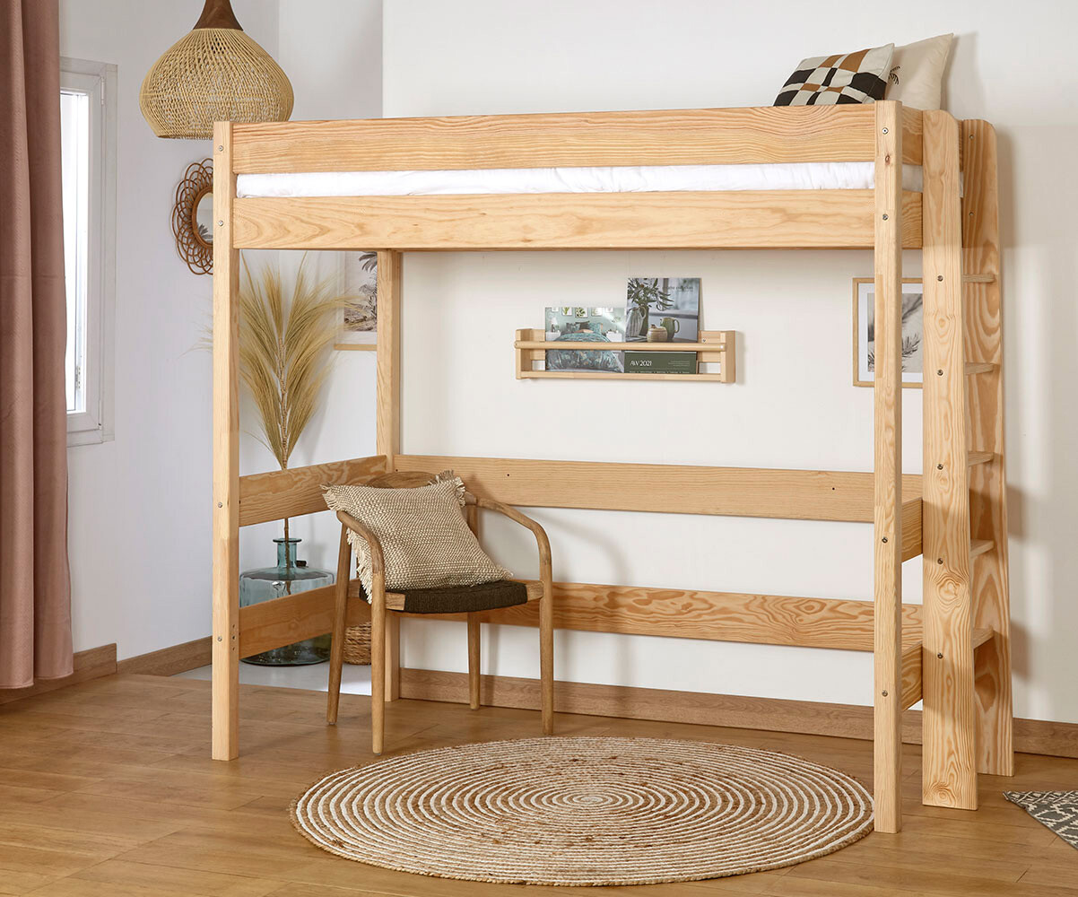 Lit mezzanine ado avec matelas Caly Bois naturel 90x190 cm/Opt:Matelas Norway 13 cm