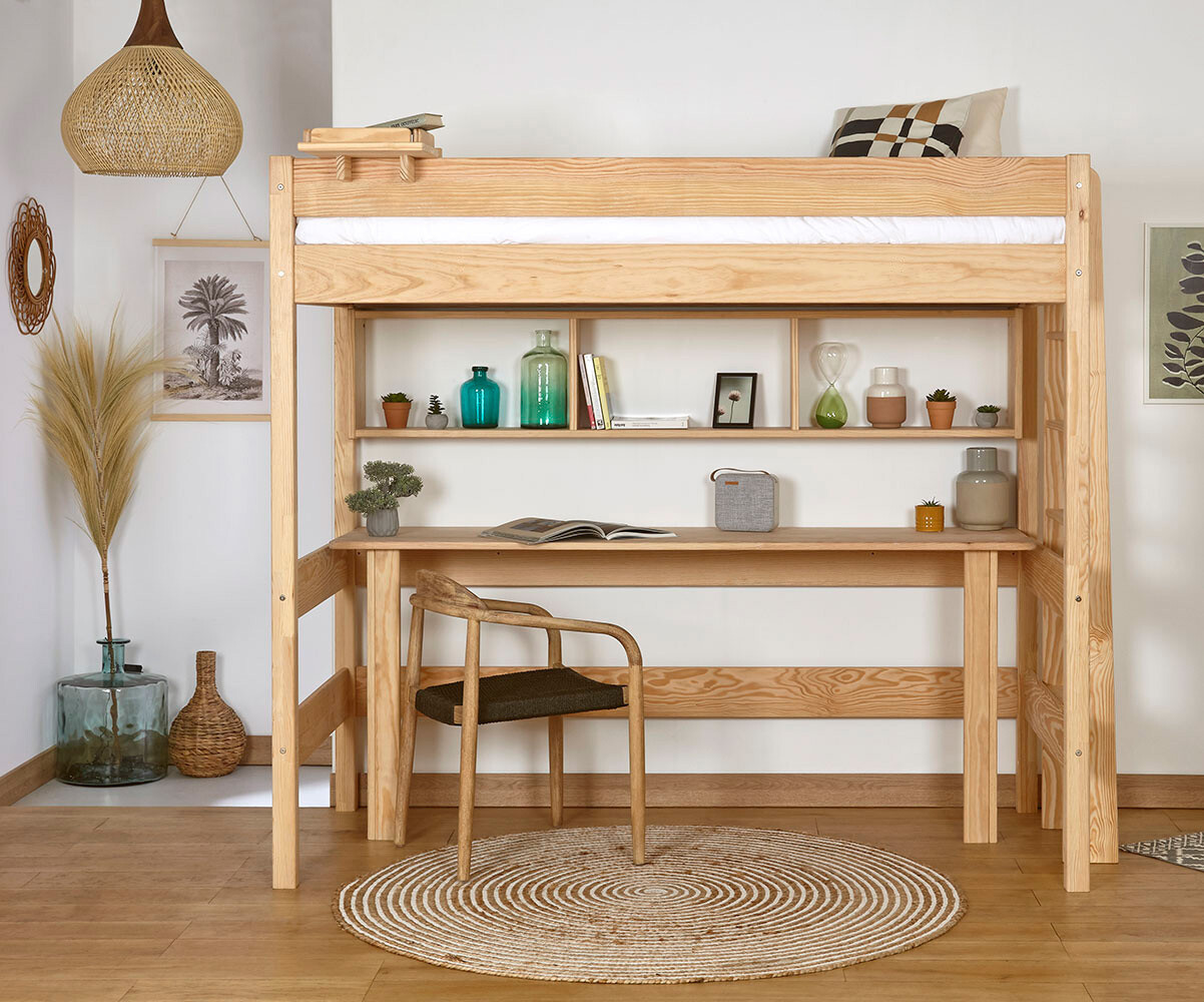 Lit mezzanine adulte avec matelas Caly Bois naturel 90x190 cm/Opt:Matelas Norway 13 cm