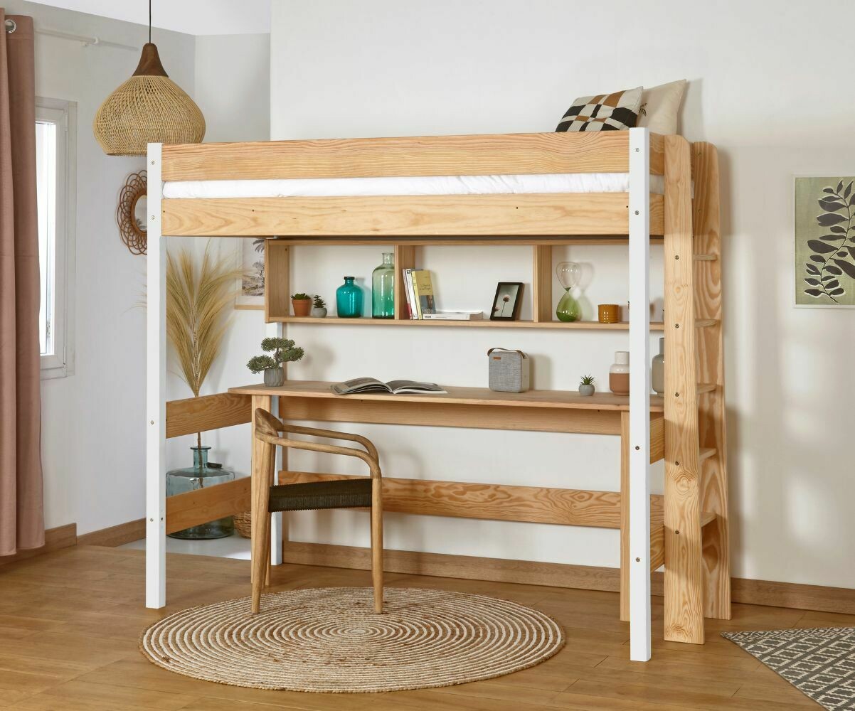 Lit mezzanine enfant avec bureau Caly Bois et blanc 90x190 cm
