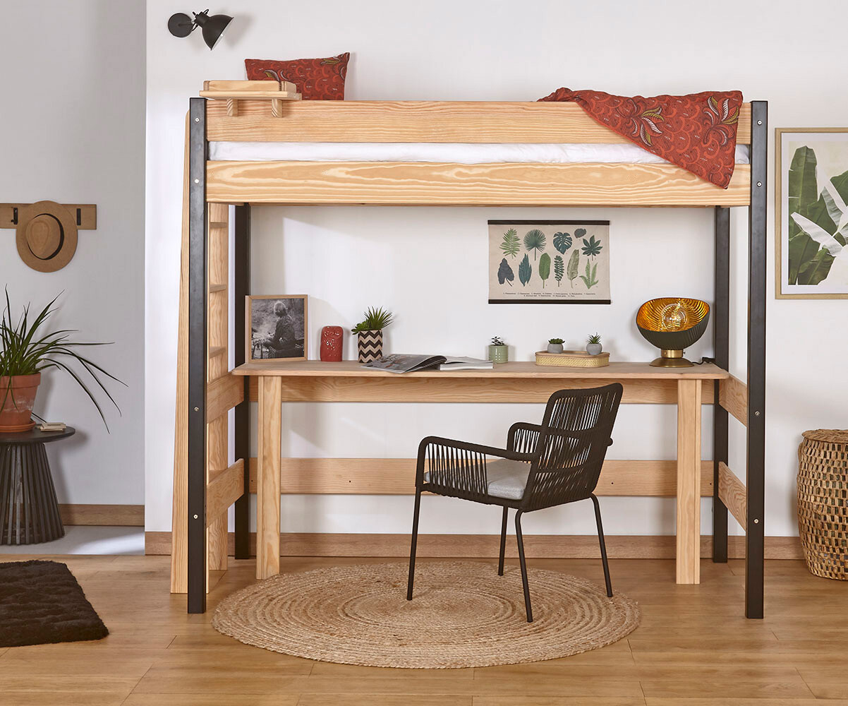 PROMO ! Lit mezzanine enfant avec bureau Caly Noir et bois 90x190 cm