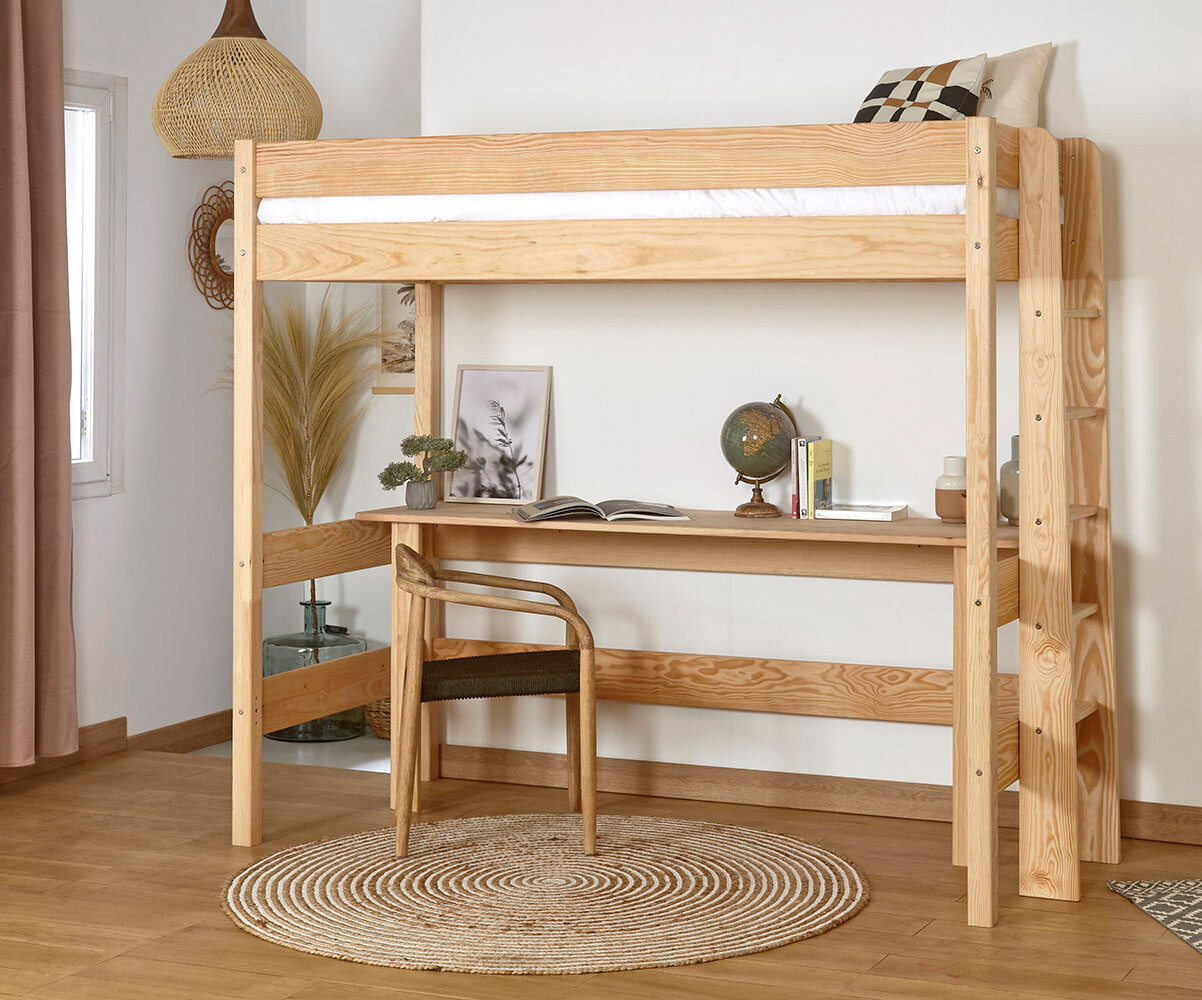 Lit mezzanine ado avec bureau Caly Bois naturel 90x190 cm
