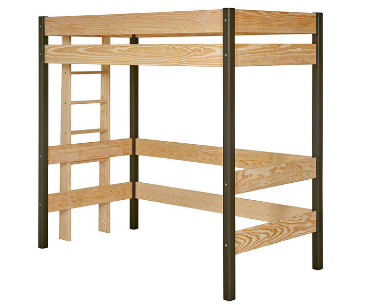 Lit mezzanine adulte Caly noir et bois avec échelle sur le petit côté avec bureau
