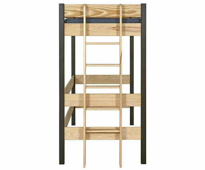 Lit mezzanine adulte Caly noir et bois vu de côté avec bureau