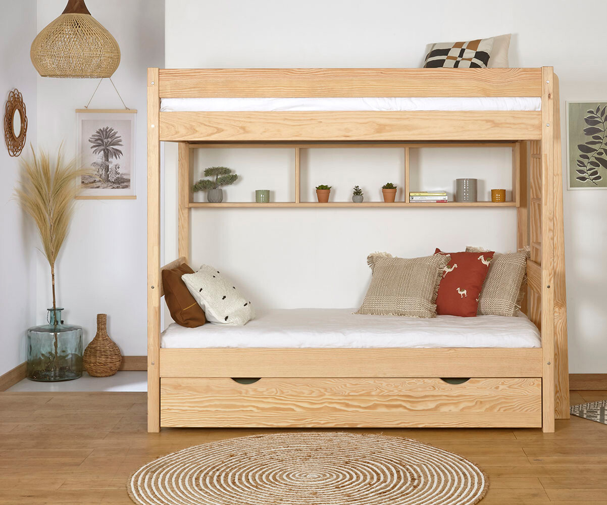 Lit superposé gigogne adulte 3 places Caly Bois naturel 90x190 cm