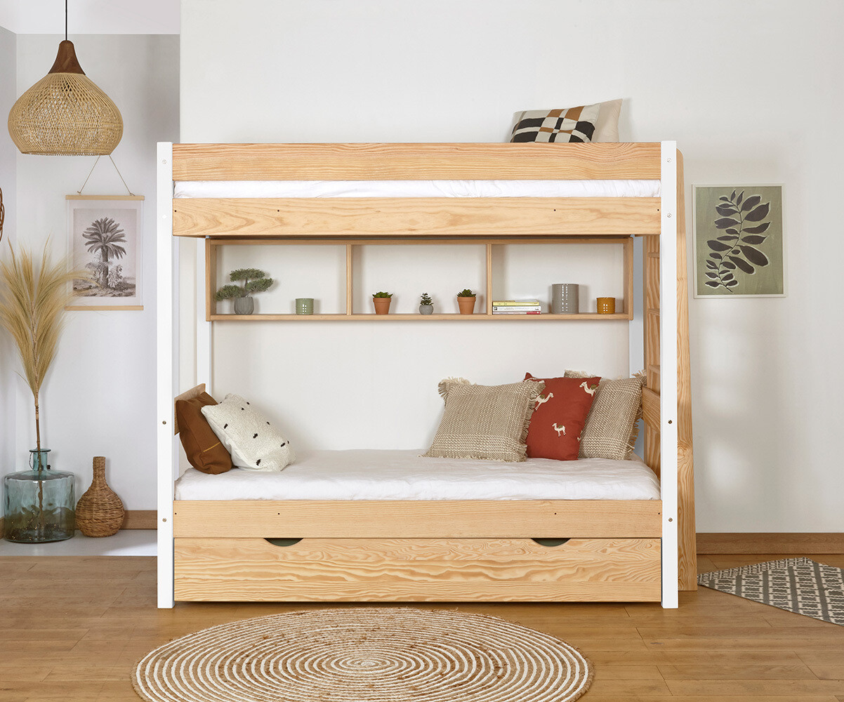 Lit superposé gigogne adulte 3 places Caly Bois et blanc 90x190 cm