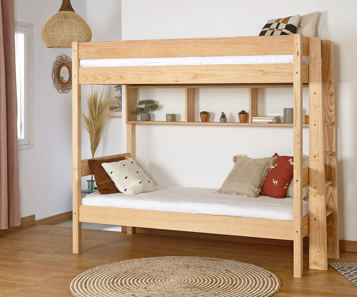 Lit superposé enfant avec 2 matelas Caly Bois naturel 90x190 cm/Opt:Matelas Airfresh 15 cm