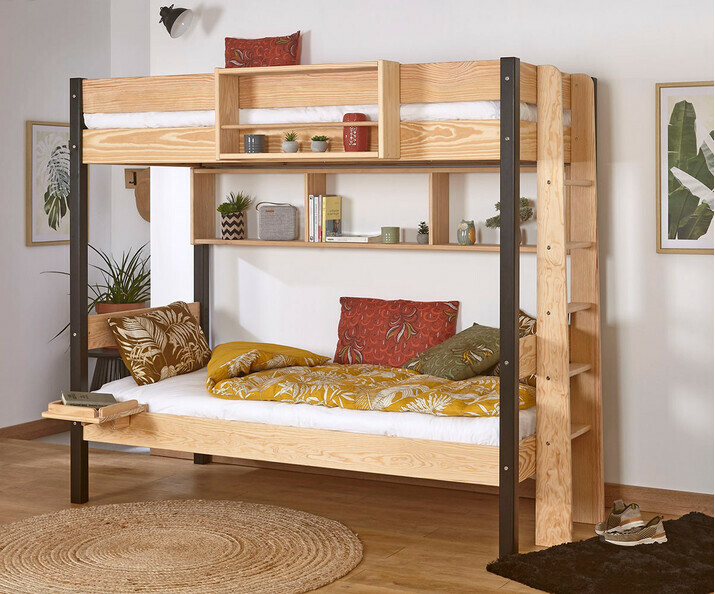 Lit superposé enfant Caly bicolore noir et bois (rangements en option)