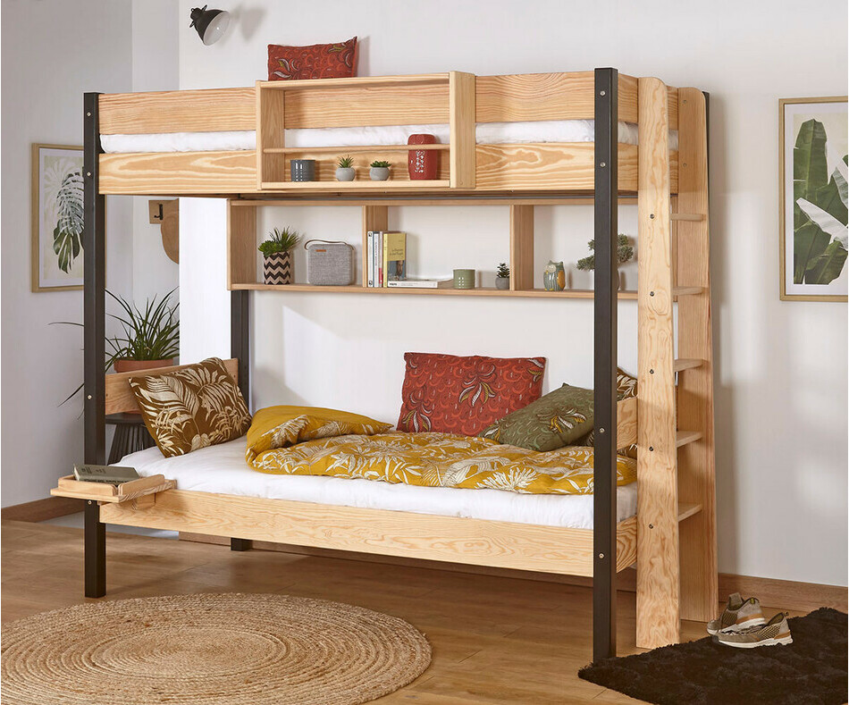 Lit superposé enfant Caly bicolore noir et bois (rangements en option)