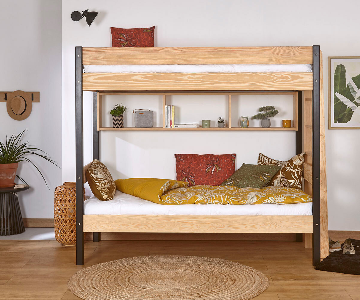 Lit superposé enfant avec 2 matelas Caly Noir et bois 90x190 cm/Opt:Matelas Norway 13 cm