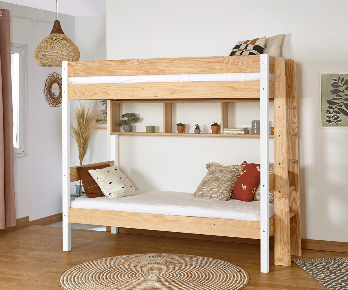Lit superposé ado avec 2 matelas Caly Bois et blanc 90x190 cm/Opt:Matelas Norway 13 cm