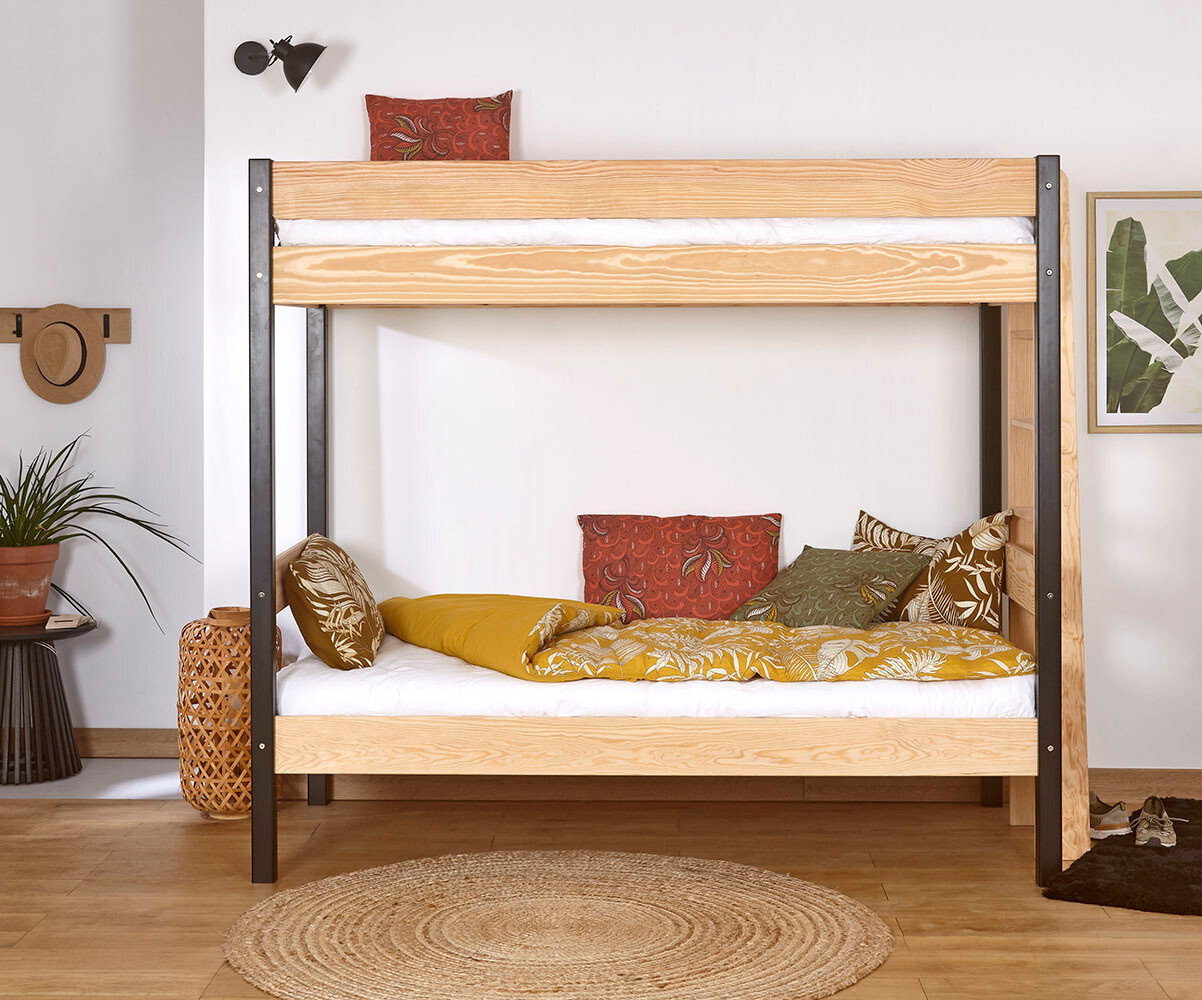 Lit superposé ado avec 2 matelas Caly Noir et bois 90x190 cm/Opt:Matelas Airfresh 15 cm