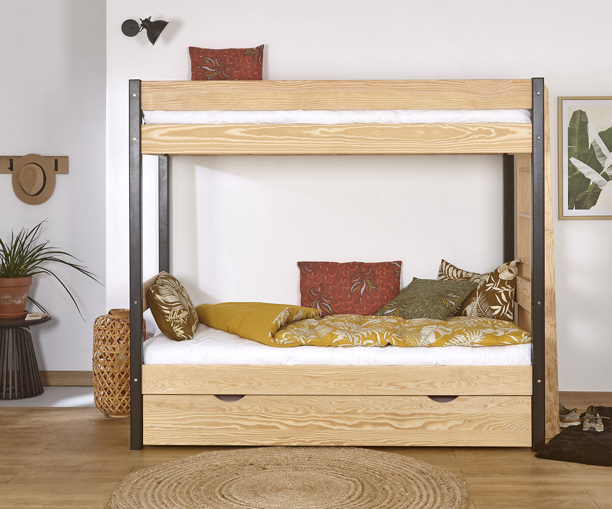 Lit superposé adulte avec 2 matelas Caly Noir et bois 90x190 cm/Opt:Matelas Norway 13 cm
