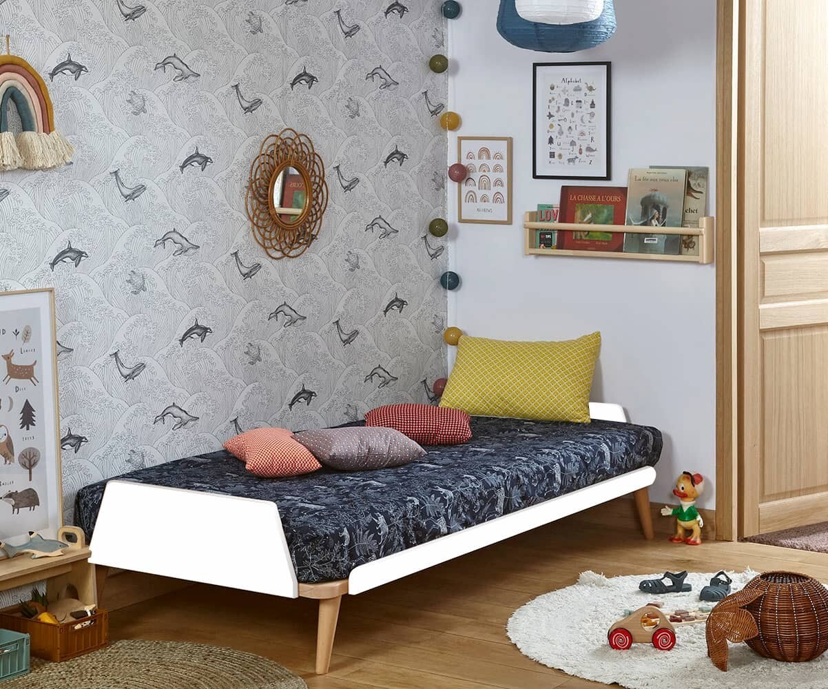 Lit enfant montessori avec sommier- Kyou Blanc et bois 90x190 cm