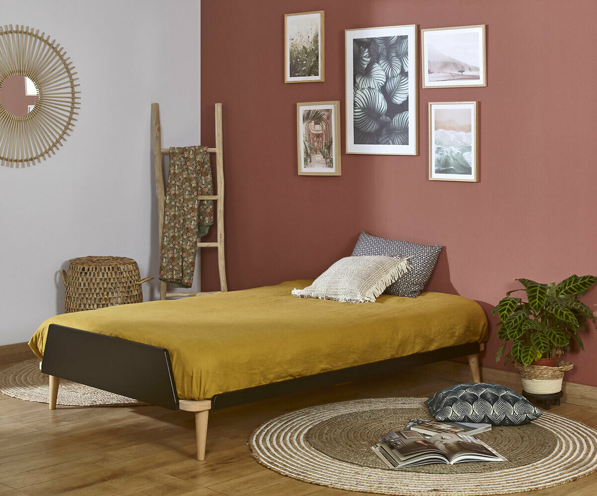 Lit adulte avec sommier et matelas Kyou Noir et bois 120x190 cm