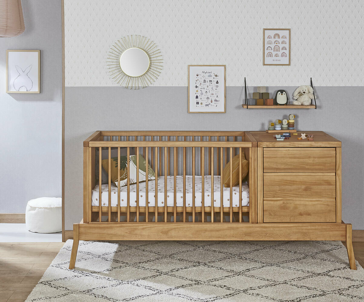 Lit bébé évolutif combiné avec matelas Tiana Bois naturel 70x120 cm/Opt:Sans tiroir