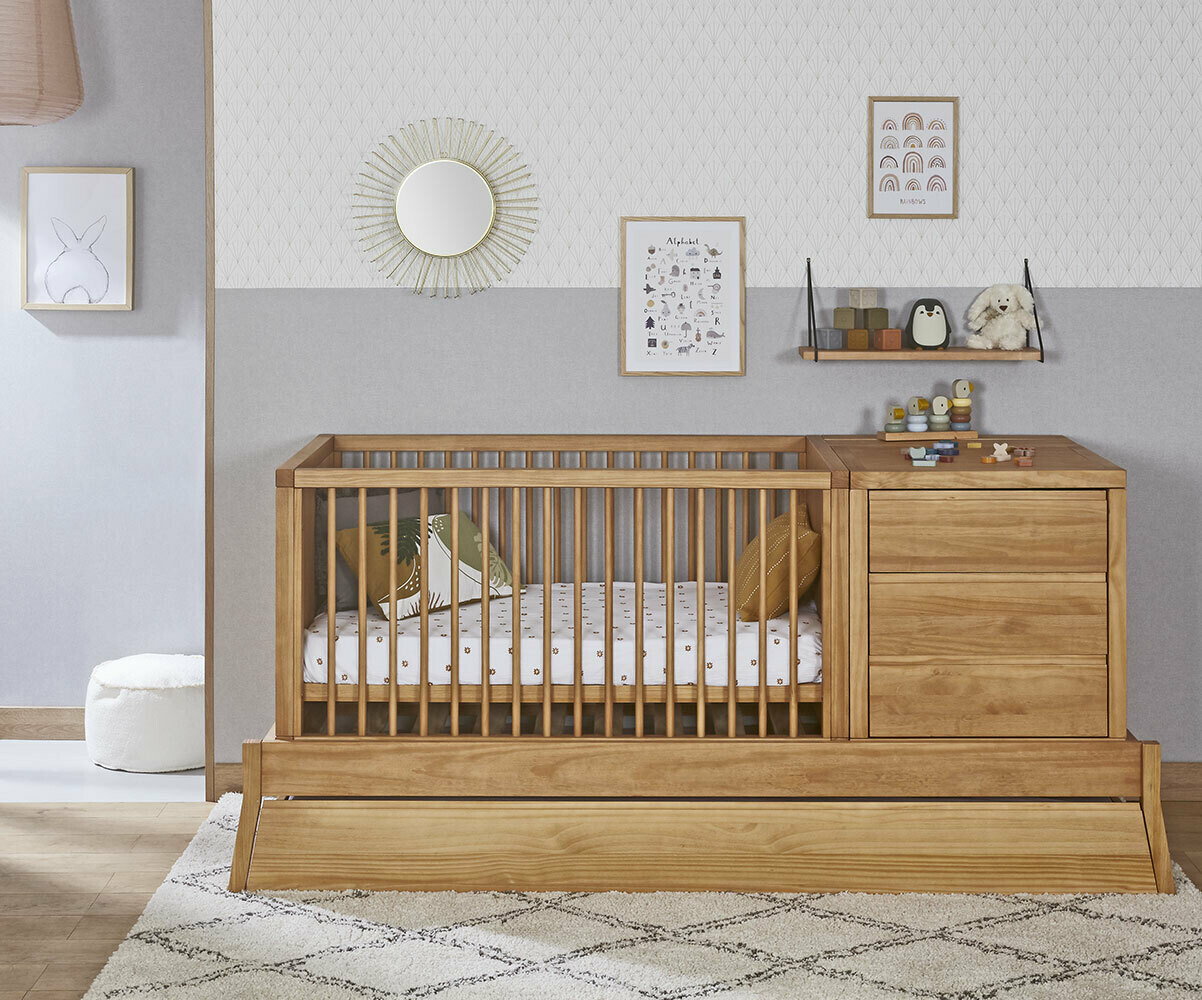 Lit bébé évolutif combiné avec matelas Tiana Bois naturel 70x120 cm/Opt:Avec tiroir