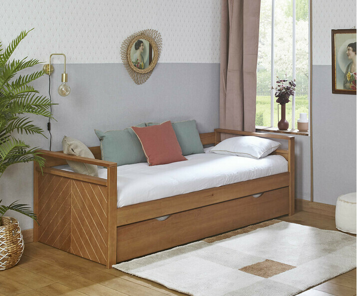 Lit Gigogne Adulte Nature avec Sommier Extensible Peigne. Bois Massif