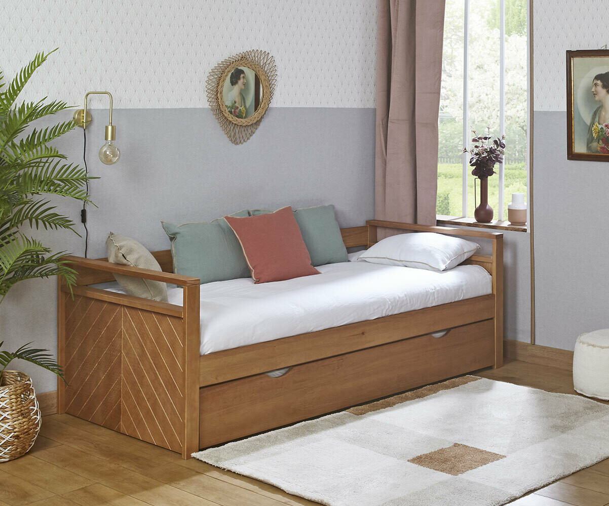 Lit gigogne banquette adulte avec 2 matelas Eveo Bois 90x190 cm/Opt:Matelas Airfresh 15 cm