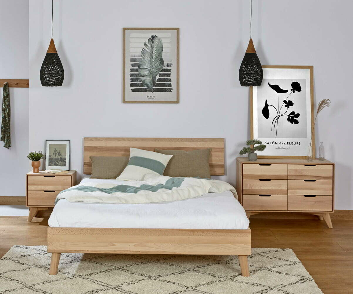 Lit adulte avec sommier et tête de lit Brody Bois 140x200 cm/Opt:Tête de lit pleine