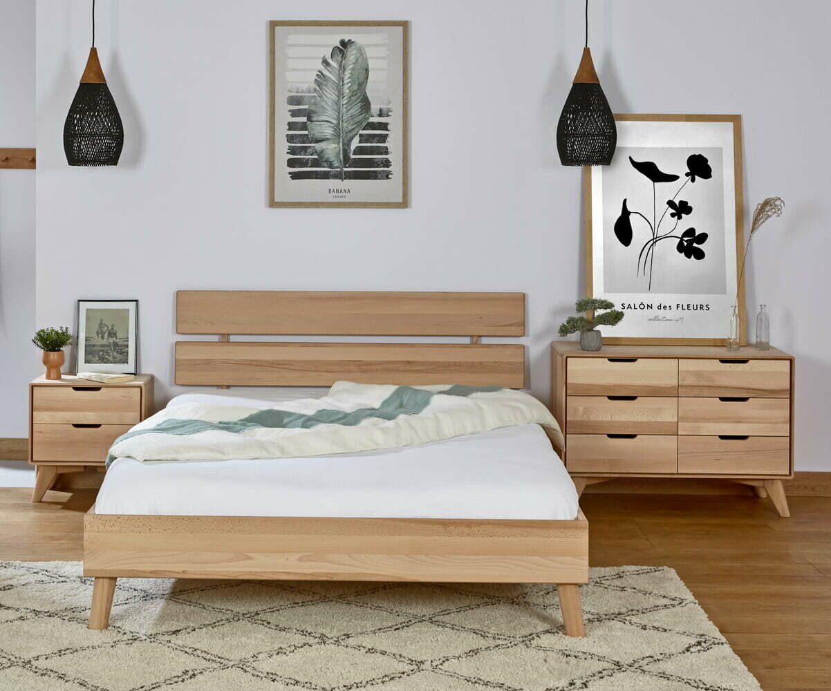 Lit adulte avec sommier, tête de lit et matelas Brody Bois 140x200 cm/Opt:Tête de lit ajourée