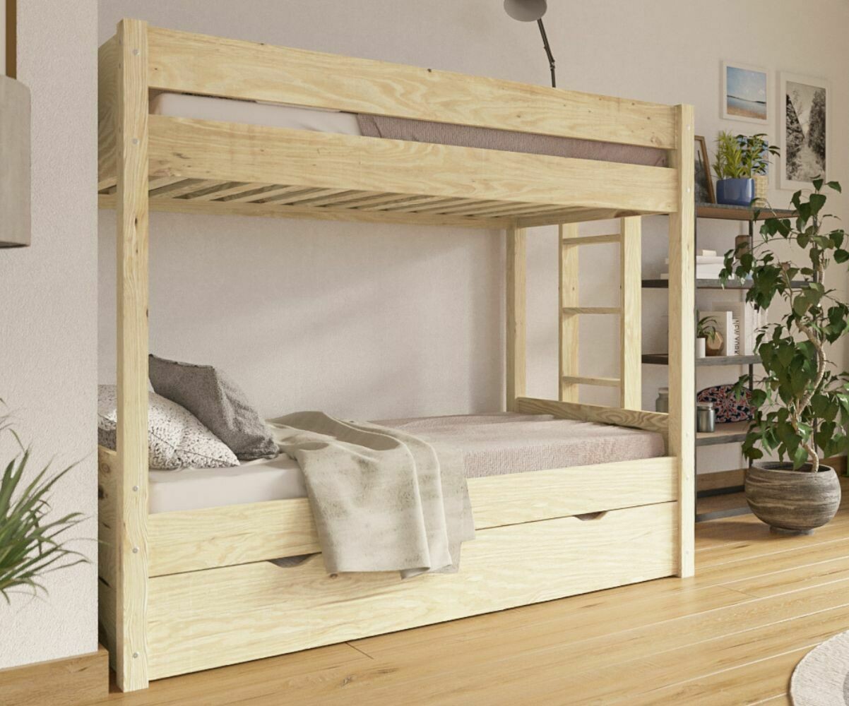 Lit superposé gigogne adulte 3 places Yudi Bois naturel 80x190 cm