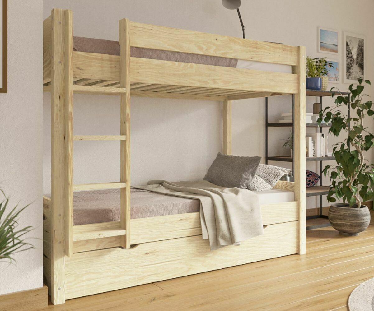 Lit superposé gigogne adulte 3 places Yooni Bois naturel 90x190 cm