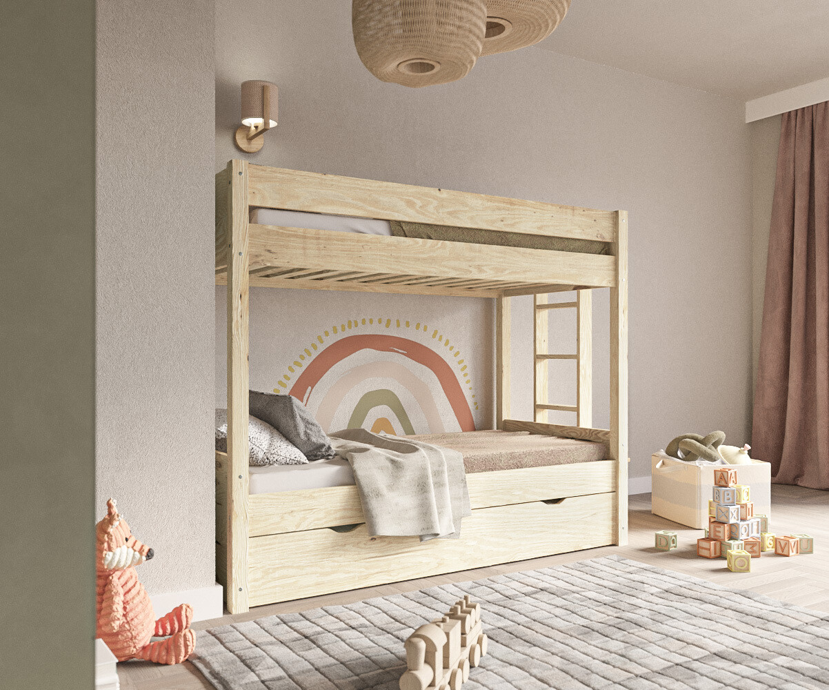 Lit superposé gigogne enfant 3 places Yudi Bois naturel 80x190 cm