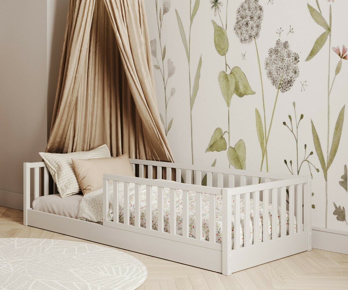 Marooma Lit Enfant 90x200 Cm Montessori Au Sol Avec Barrières Et Porte - Pin Massif, Sommier Lattes - Protection Chutes