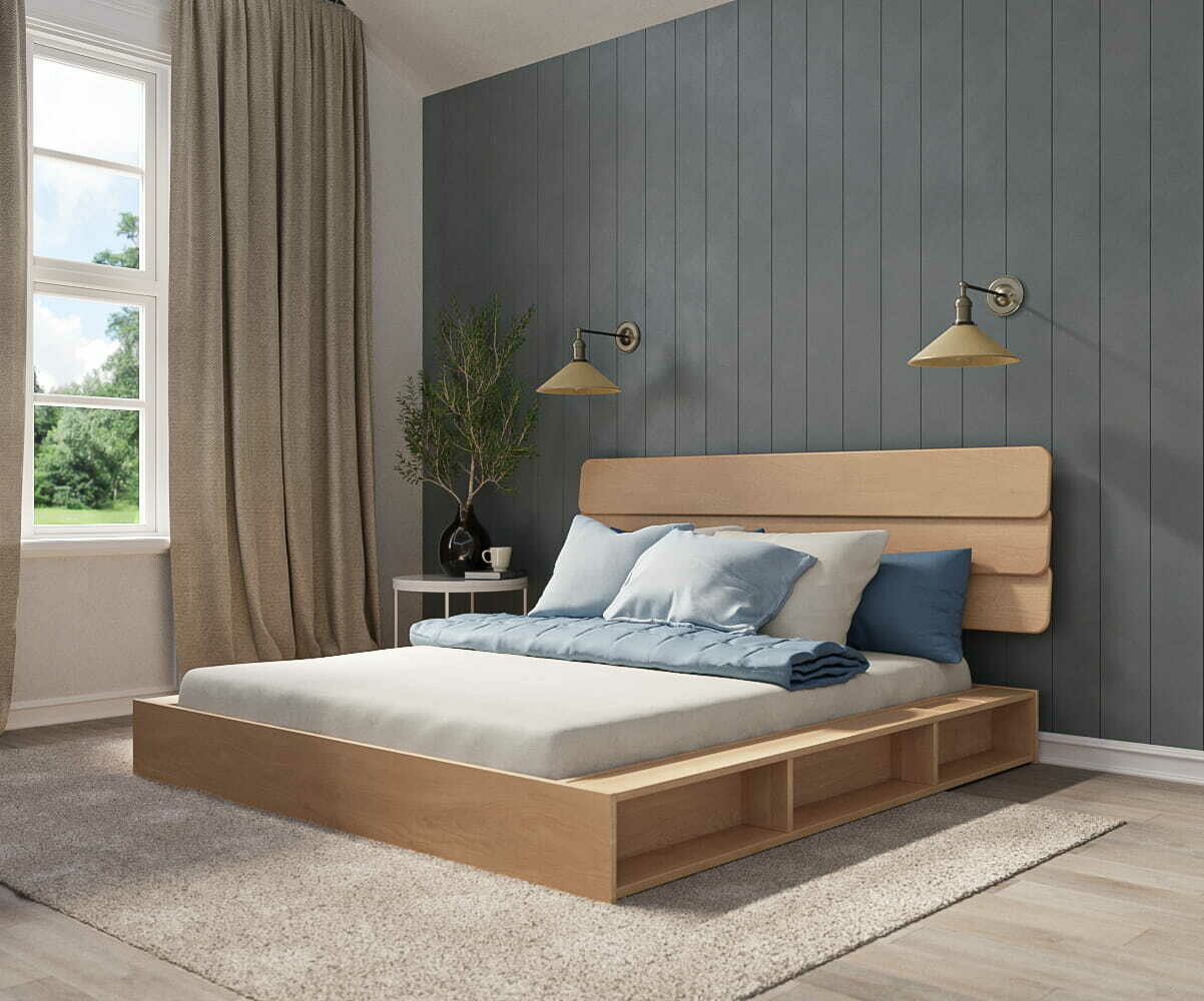 Lit adulte avec sommier Dune et tête de lit Eon Bois naturel 160x200 cm