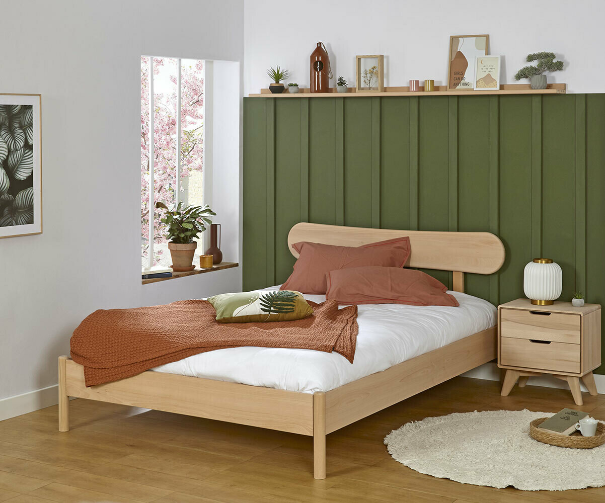 Lit adulte avec sommier Magdae et tête de lit Wika Bois naturel 140x190 cm