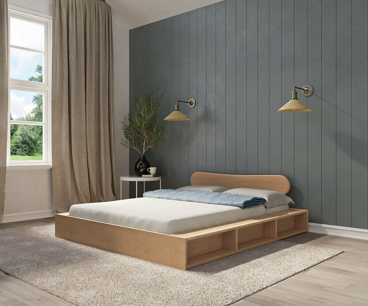 Lit adulte avec sommier Dune et tête de lit Wika Bois naturel 140x190 cm