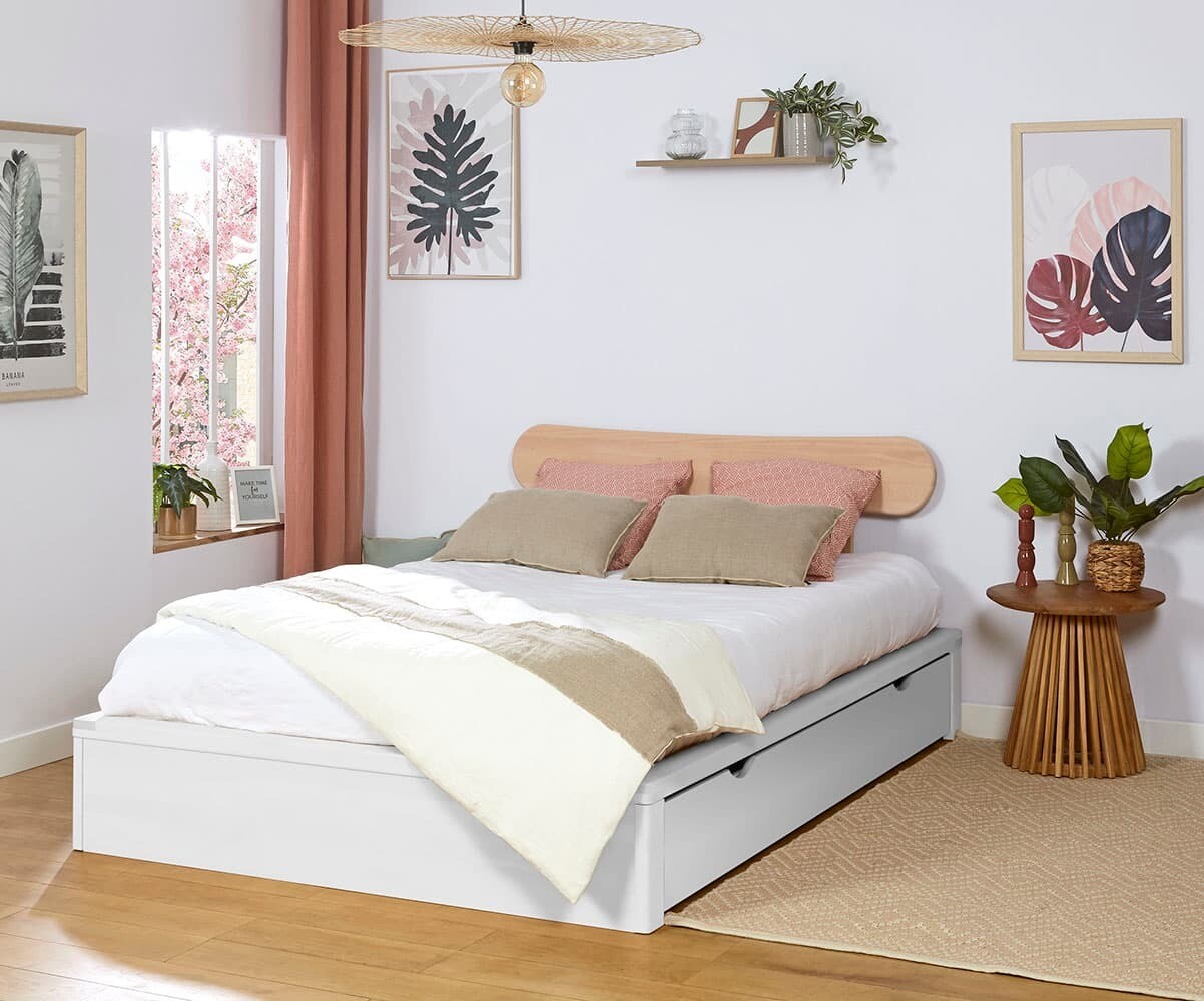 Lit ado avec sommier Uma et tête de lit Wika Blanc et bois 140x200 cm