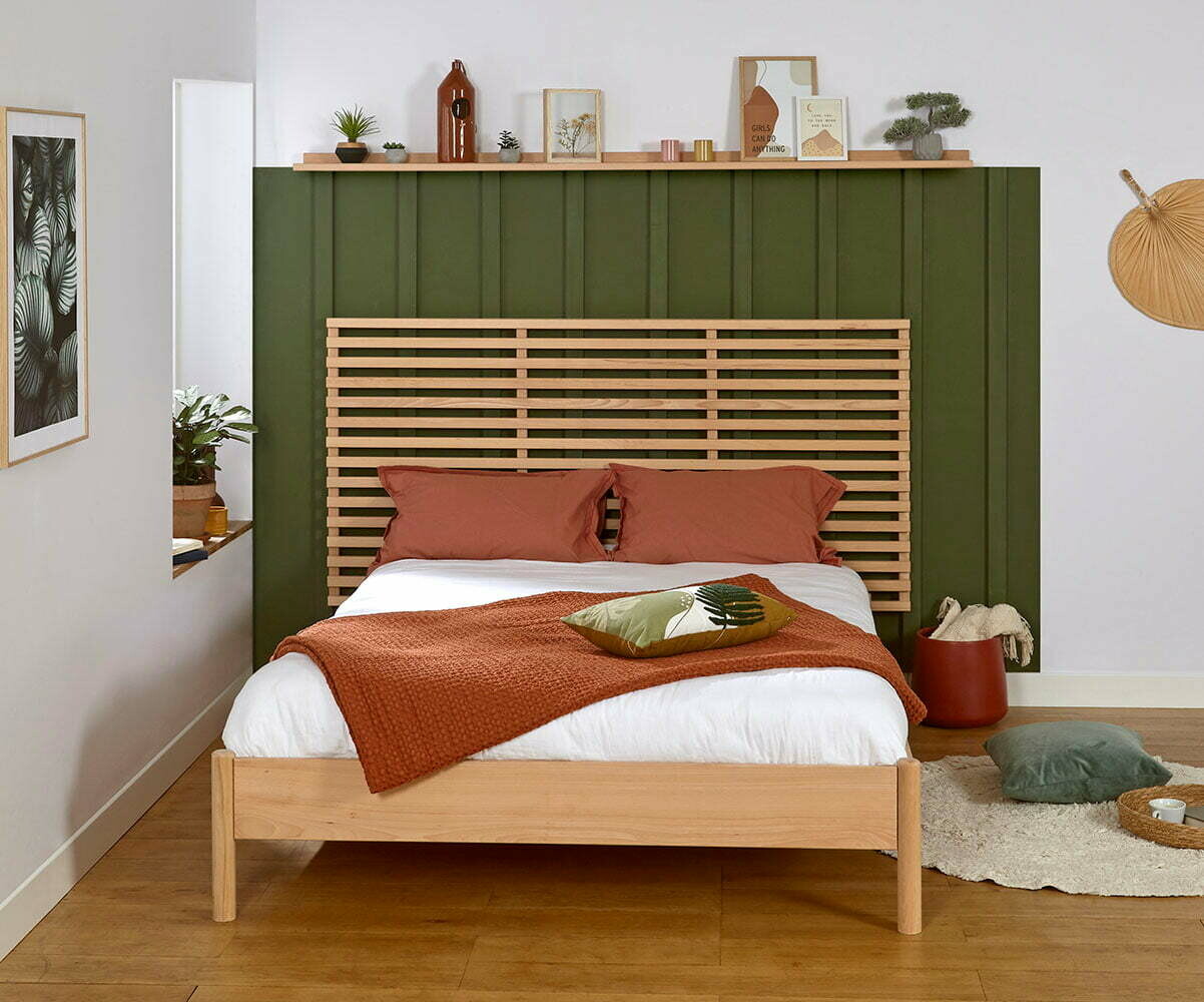 Lit adulte avec sommier Magdae et tête de lit Elvy Bois naturel 140x190 cm