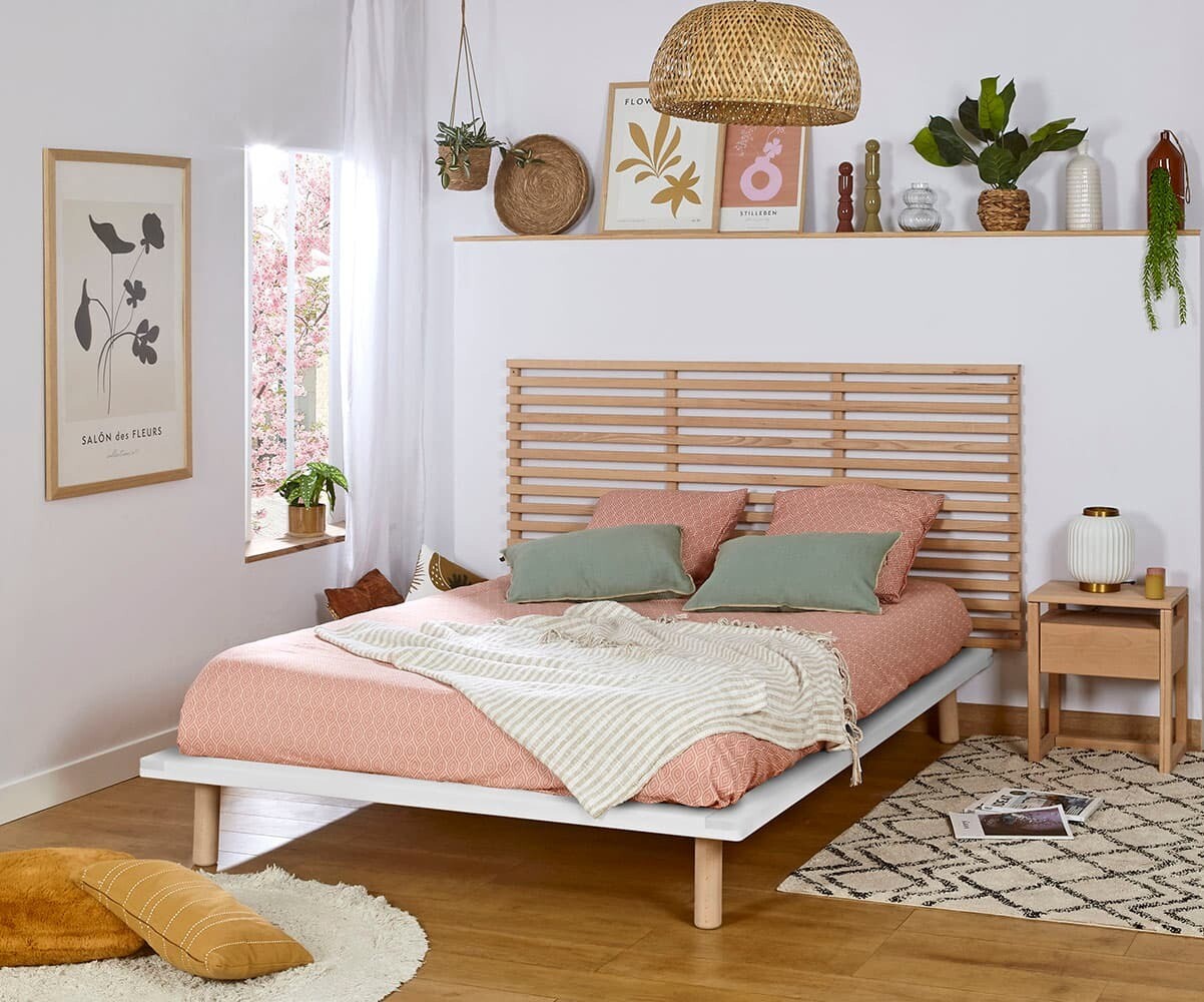 Lit adulte avec sommier Hoha et tête de lit Elvy Blanc et bois 120x200 cm